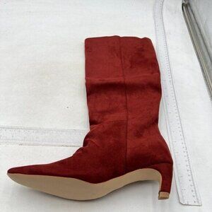 Wine Women Stretchy Knee High Boots Closed Square Toe Low Kitten Heel Shoes